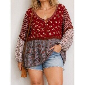 VTG Venezia Boho Peasant Top Size 18/20 Red Floral Paisley Y2K Festival Blouse